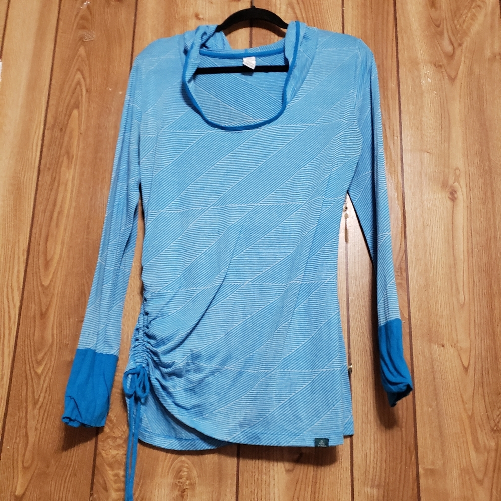 prAna Women Vinyasa Hoodie size LG Hoodie Ruched Blue White Long Sleeve